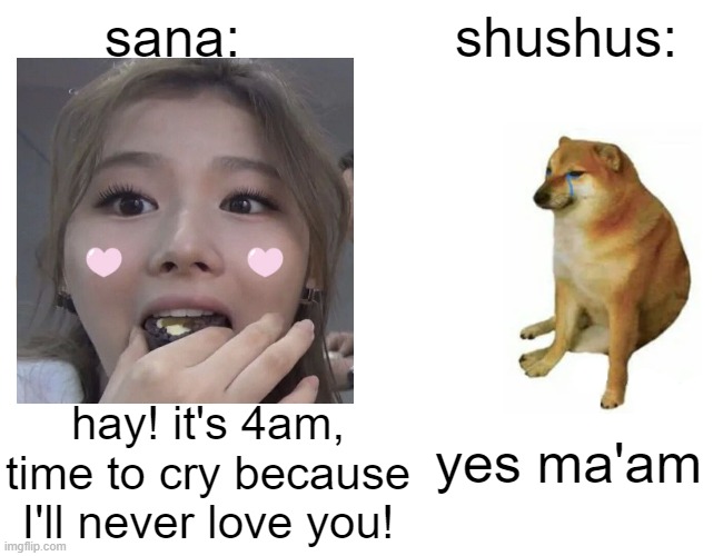 brb i'll be forfeiting all my mortal possessions to a japanese girl who isn't aware of my existence | sana:; shushus:; hay! it's 4am, time to cry because I'll never love you! yes ma'am | image tagged in memes,buff doge vs cheems,sana,twice | made w/ Imgflip meme maker