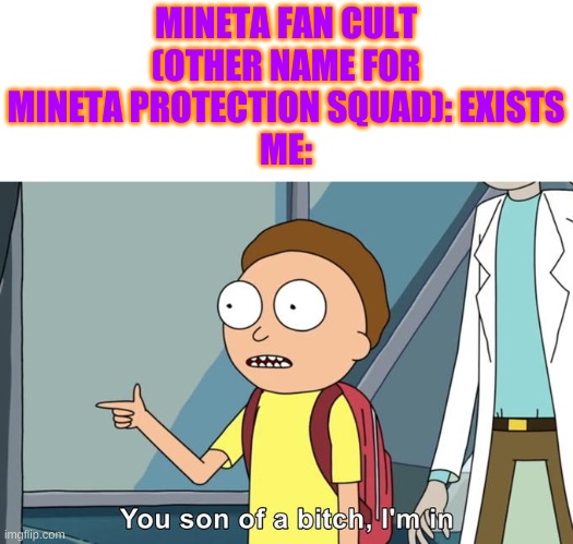 Yey | MINETA FAN CULT (OTHER NAME FOR MINETA PROTECTION SQUAD): EXISTS
ME: | image tagged in morty i'm in | made w/ Imgflip meme maker