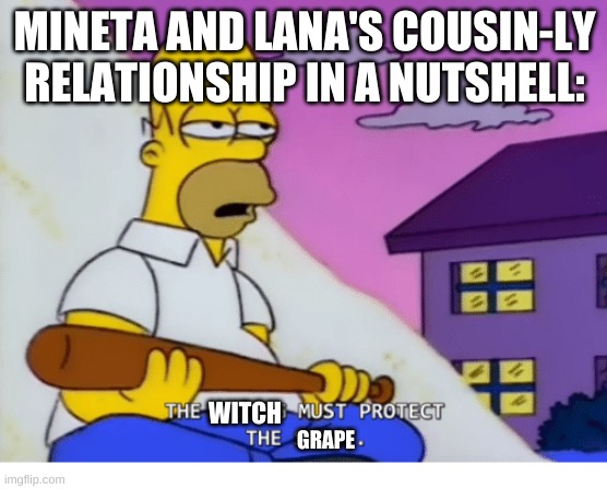 :T | MINETA AND LANA'S COUSIN-LY RELATIONSHIP IN A NUTSHELL:; WITCH; GRAPE | image tagged in simpsons | made w/ Imgflip meme maker