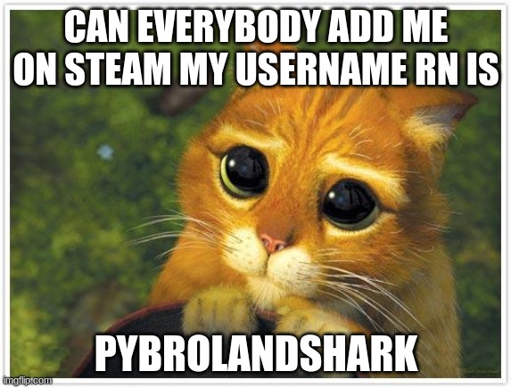 please i wanna play among us with yall too | CAN EVERYBODY ADD ME ON STEAM MY USERNAME RN IS; PYBROLANDSHARK | image tagged in memes,shrek cat | made w/ Imgflip meme maker
