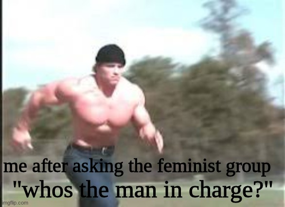 RUN | "whos the man in charge?"; me after asking the feminist group | image tagged in memes | made w/ Imgflip meme maker