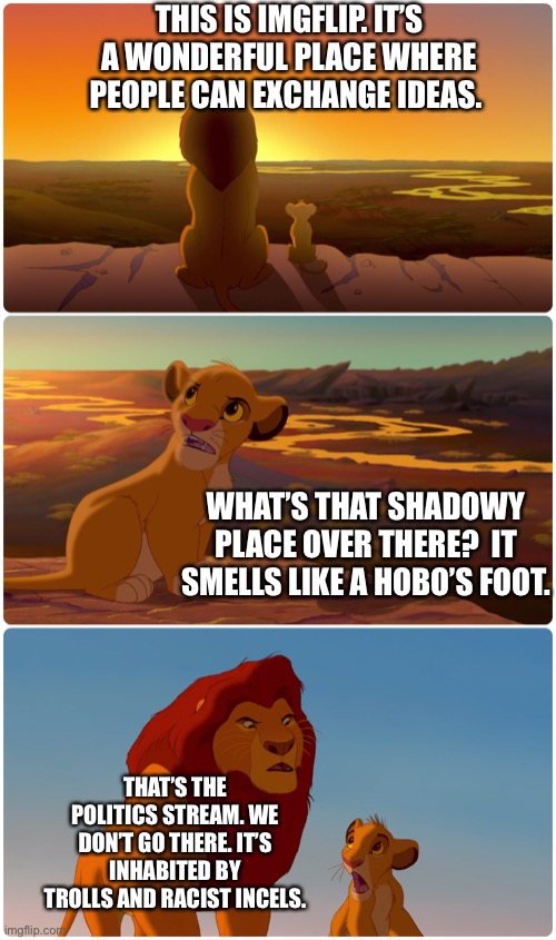 Lion King Meme | THIS IS IMGFLIP. IT’S A WONDERFUL PLACE WHERE PEOPLE CAN EXCHANGE IDEAS. THAT’S THE POLITICS STREAM. WE DON’T GO THERE. IT’S INHABITED BY TR | image tagged in lion king meme | made w/ Imgflip meme maker