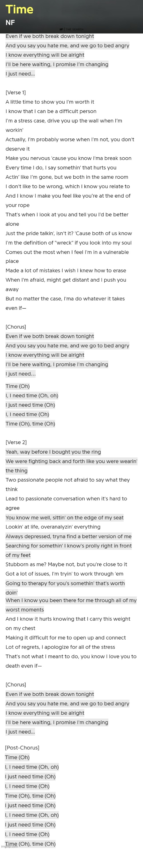 Time nf | image tagged in why,do,y'all,keep,posting,nf song lyrics | made w/ Imgflip meme maker
