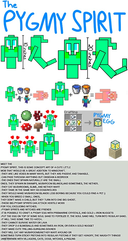 Meet the Pygmy Spirit. | MEET THE PYGMY SPIRIT. THIS IS SOME CONCEPT ART OF A CUTE LITTLE MOB THAT WOULD BE A GREAT ADDITION TO MINECRAFT.
-THEY ARE LIKE VEXES IN MANY WAYS, BUT THEY ARE PASSIVE AND TAMABLE.
-CAN PASS THROUGH ANYTHING BUT OBSIDIAN & BEDROCK
-THE ONES THAT SPAWN NATURALLY ARE THE SMALL ONES. THEY SPAWN IN SWAMPS, MUSHROOM ISLANDS,AND SOMETIMES, THE NETHER.
-THEY EAT MUSHROOMS, SLIME, AND NETHER WART
-THEY TAME IN THE SAME WAY AS DOGS/WOLVES
-THEY WOULD MAKE MUSHROOM ISLANDS LESS BORING BECAUSE YOU COULD FIND A PET :)
-WHEN YOU BREED 2 SMALL ONES, THEY DON'T MAKE A CHILD, BUT THEY TURN INTO ONE BIG GHOST. 
-THESE BIG PYGMY SPIRITS CAN ATTACK HOSTILE MOBS FOR YOU, EXCLUDING WITCHES.
-PYGMY SPIRITS AND WITCHES ARE FRIENDS
-IT IS POSSIBLE TO CRAFT A PYGMY EGG WITH PRISMARINE CRYSTALS, AND GOLD + IRON NUGGETS
-PUT THE EGG ON TOP OF SOME SOUL SAND TO FERTILIZE IT. THE SOUL SAND WILL TURN INTO REGULAR SAND.
-IT WILL TAKE SOME TIME TO HATCH.
-THEY CANNOT SURVIVE WATER OR LAVA
-THEY DROP 2-4 SLIMEBALLS AND SOMETIMES AN IRON, OR EVEN A GOLD NUGGET
-THEY MAKE CUTE TRILLING-GURGLING SOUNDS
-THEY WILL EAT ANY MUSHROOMS/NETHER WART AROUND OR SOMETIMES TURN STICKY PISTONS INTO REGULAR PISTONS IF THEY GET HUNGRY, THE NAUGHTY THINGS!
-ARE FRIENDS WITH VILLAGERS, CATS, DOGS, WITCHES, & PIGLINS | image tagged in minecraft,art,ghost,spooktober,spooky,cute | made w/ Imgflip meme maker