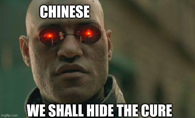 China | CHINESE; WE SHALL HIDE THE CURE | image tagged in memes,matrix morpheus,china,covid-19 | made w/ Imgflip meme maker