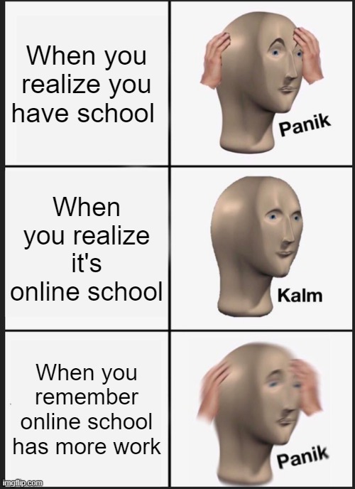 Online school | When you realize you have school; When you realize it's online school; When you remember online school has more work | image tagged in memes,panik kalm panik | made w/ Imgflip meme maker