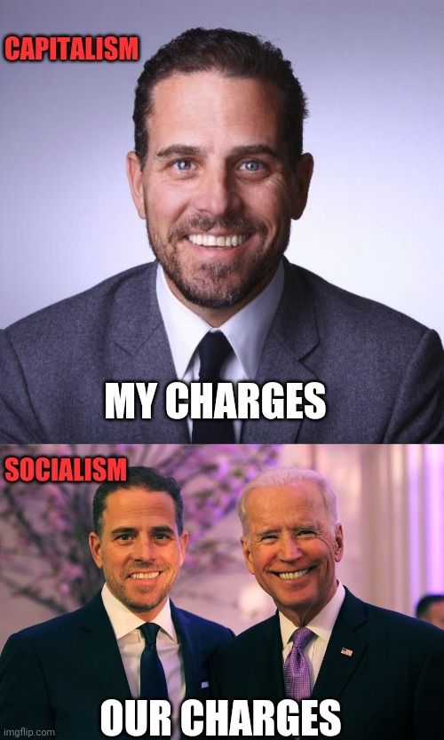Politics and stuff | CAPITALISM; SOCIALISM; MY CHARGES; OUR CHARGES | image tagged in hunter biden,joe and hunter biden | made w/ Imgflip meme maker