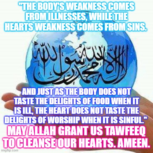 Allah SWT Given Rights | "THE BODY'S WEAKNESS COMES FROM ILLNESSES, WHILE THE HEARTS WEAKNESS COMES FROM SINS. AND JUST AS THE BODY DOES NOT TASTE THE DELIGHTS OF FOOD WHEN IT IS ILL, THE HEART DOES NOT TASTE THE DELIGHTS OF WORSHIP WHEN IT IS SINFUL."; MAY ALLAH GRANT US TAWFEEQ TO CLEANSE OUR HEARTS. AMEEN. | image tagged in prayers | made w/ Imgflip meme maker