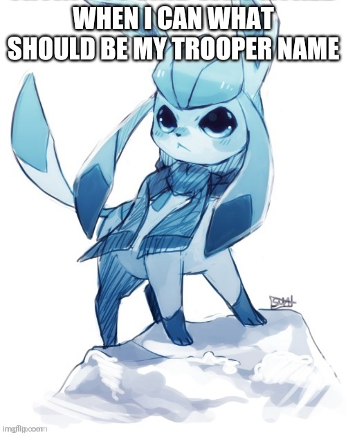 glaceon climbing mountain | WHEN I CAN WHAT SHOULD BE MY TROOPER NAME | image tagged in glaceon climbing mountain | made w/ Imgflip meme maker