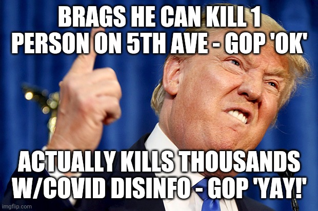 Donald Trump | BRAGS HE CAN KILL 1 PERSON ON 5TH AVE - GOP 'OK'; ACTUALLY KILLS THOUSANDS W/COVID DISINFO - GOP 'YAY!' | image tagged in donald trump | made w/ Imgflip meme maker