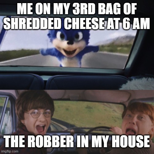 Harry and Ron scream | ME ON MY 3RD BAG OF SHREDDED CHEESE AT 6 AM; THE ROBBER IN MY HOUSE | image tagged in harry and ron scream | made w/ Imgflip meme maker