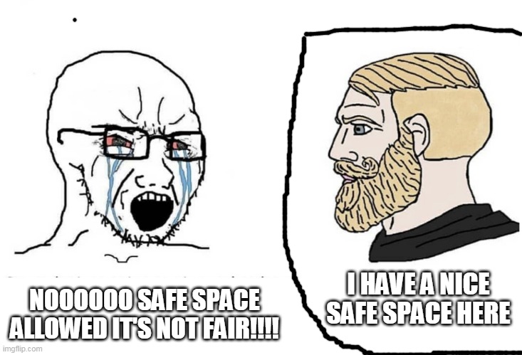 Just to recap | NOOOOOO SAFE SPACE ALLOWED IT'S NOT FAIR!!!! I HAVE A NICE SAFE SPACE HERE | image tagged in soyboy vs yes chad | made w/ Imgflip meme maker