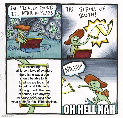 Oh Hell Nah... | According to all known laws of aviation, there is no way a bee should be able to fly. Its wings are too small to get its fat little body off the ground. The bee, of course, flies anyway because bees don't care what humans think is impossible. OH HELL NAH | image tagged in memes,the scroll of truth,bee movie | made w/ Imgflip meme maker