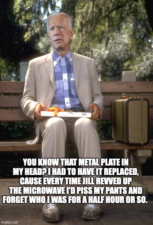 Joe Biden | YOU KNOW THAT METAL PLATE IN MY HEAD? I HAD TO HAVE IT REPLACED, CAUSE EVERY TIME JILL REVVED UP THE MICROWAVE I'D PISS MY PANTS AND FORGET WHO I WAS FOR A HALF HOUR OR SO. | image tagged in joe biden | made w/ Imgflip meme maker