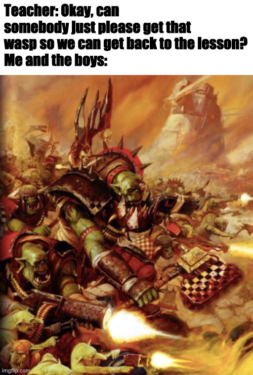Me and the boys meme No. 1 | Teacher: Okay, can somebody just please get that wasp so we can get back to the lesson?
Me and the boys: | image tagged in warhammer 40k | made w/ Imgflip meme maker