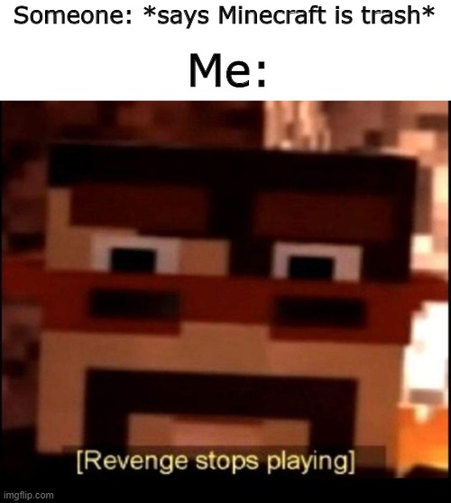 Hol' Up- | Someone: *says Minecraft is trash*; Me: | image tagged in revenge stops playing,memes | made w/ Imgflip meme maker