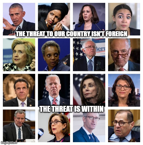 THE THREAT TO OUR COUNTRY ISN'T FOREIGN; THE THREAT IS WITHIN | image tagged in trump,pelosi,biden,democrat,republican,liberal | made w/ Imgflip meme maker