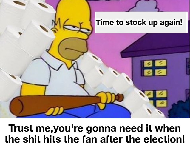 Time to stock up again! | Trust me,you're gonna need it when the shit hits the fan after the election! | image tagged in no more toilet paper,mountain of toilet paper,toilet paper,shtf,election 2020 aftermath,zombie apocalypse | made w/ Imgflip meme maker