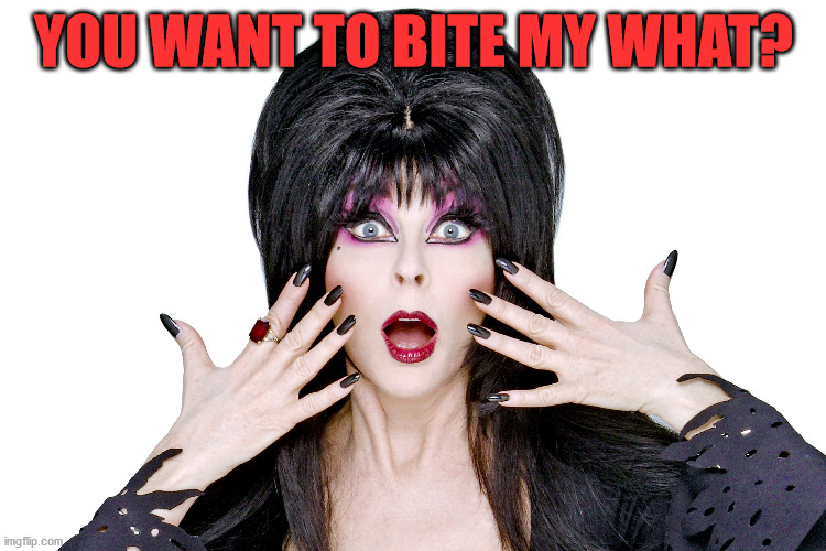 Elvira | YOU WANT TO BITE MY WHAT? | image tagged in elvira | made w/ Imgflip meme maker