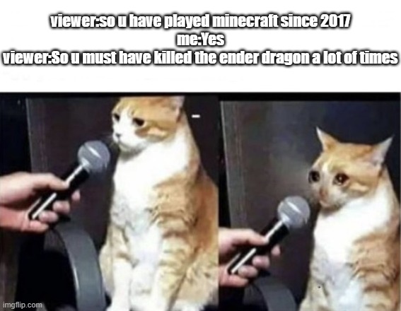 I never killed the ender dragon in a legit way | viewer:so u have played minecraft since 2017
me:Yes
viewer:So u must have killed the ender dragon a lot of times | image tagged in crying cat interview horizontal | made w/ Imgflip meme maker