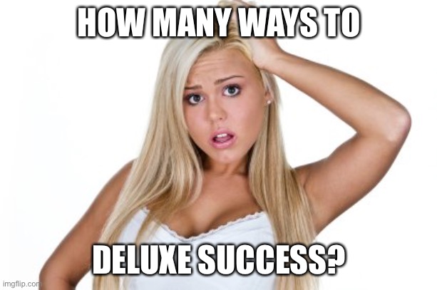 Dumb Blonde | HOW MANY WAYS TO DELUXE SUCCESS? | image tagged in dumb blonde | made w/ Imgflip meme maker