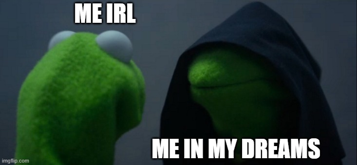 Evil Kermit | ME IRL; ME IN MY DREAMS | image tagged in memes,evil kermit | made w/ Imgflip meme maker