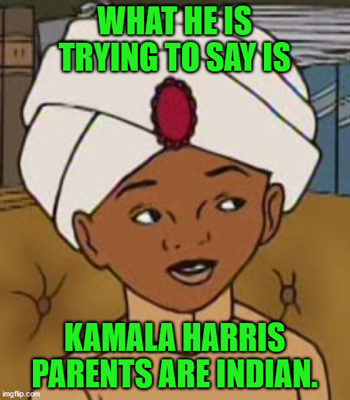Hadji | WHAT HE IS TRYING TO SAY IS KAMALA HARRIS PARENTS ARE INDIAN. | image tagged in hadji | made w/ Imgflip meme maker