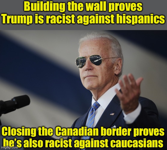 Democrat Racism Logic | Building the wall proves Trump is racist against hispanics; Closing the Canadian border proves he’s also racist against caucasians | image tagged in joe biden come at me bro,liberal logic,that's racist | made w/ Imgflip meme maker