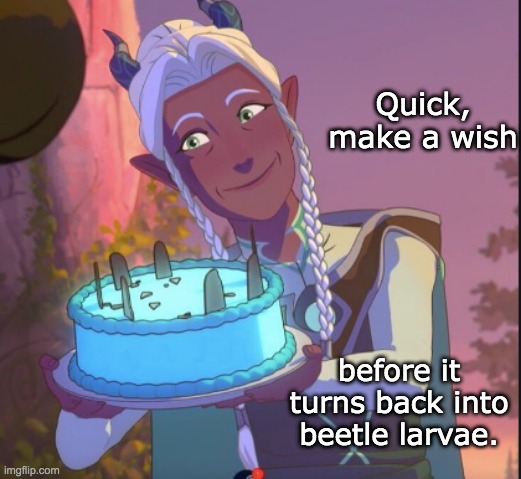 Wishing cake | Quick, make a wish; before it turns back into beetle larvae. | image tagged in health food surprise,dragon prince,cake | made w/ Imgflip meme maker