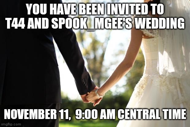 You get an invite, you get an invite, everyone gets an invite! | YOU HAVE BEEN INVITED TO T44 AND SPOOK_MGEE'S WEDDING; NOVEMBER 11,  9:00 AM CENTRAL TIME | image tagged in wedding,please come | made w/ Imgflip meme maker