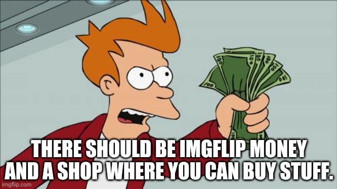 Yessss | THERE SHOULD BE IMGFLIP MONEY AND A SHOP WHERE YOU CAN BUY STUFF. | image tagged in memes,shut up and take my money fry | made w/ Imgflip meme maker