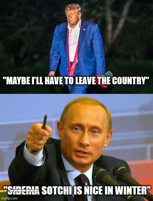 Not so tentative future plans... | "MAYBE I'LL HAVE TO LEAVE THE COUNTRY"; "SIBERIA SOTCHI IS NICE IN WINTER"; ------- | image tagged in good guy putin,defeated trump meme | made w/ Imgflip meme maker