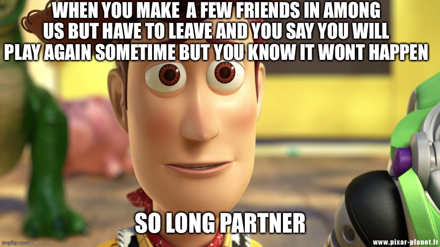 I dont want to leave | WHEN YOU MAKE  A FEW FRIENDS IN AMONG US BUT HAVE TO LEAVE AND YOU SAY YOU WILL PLAY AGAIN SOMETIME BUT YOU KNOW IT WONT HAPPEN; SO LONG PARTNER | image tagged in so long partner | made w/ Imgflip meme maker