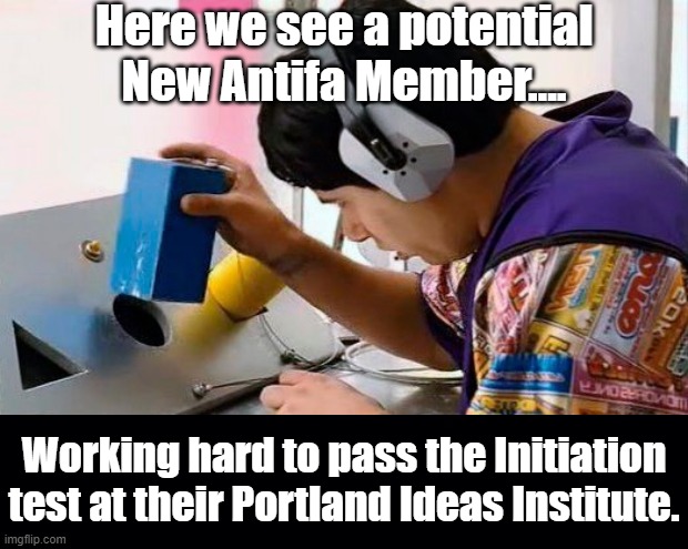 Antifa has Opened a New Training Facility In Portland. Where only their Biggest Farkin RETARDS will train in Ideas! | Here we see a potential New Antifa Member.... Working hard to pass the Initiation test at their Portland Ideas Institute. | image tagged in portland ideas institute,antifa thicker,than the people,in idiocracy,ideas men,no comments assholes | made w/ Imgflip meme maker