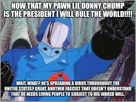 Cobra Commander | NOW THAT MY PAWN LIL DONNY CHUMP IS THE PRESIDENT I WILL RULE THE WORLD!!!! WAIT, WHAT? HE’S SPREADING A VIRUS THROUGHOUT THE UNITED STATES? GREAT, ANOTHER FASCIST THAT DOESN’T UNDERSTAND THAT HE NEEDS LIVING PEOPLE TO SUBJECT TO HIS INBRED WILL. | image tagged in cobra commander | made w/ Imgflip meme maker
