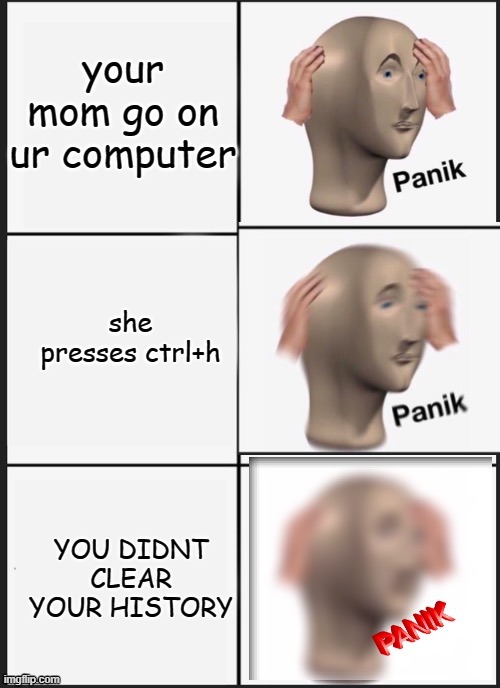 panik panik panik | your mom go on ur computer; she presses ctrl+h; YOU DIDNT CLEAR YOUR HISTORY | image tagged in panik panik panik | made w/ Imgflip meme maker