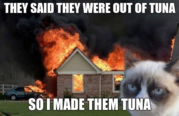 Burn Kitty Meme | THEY SAID THEY WERE OUT OF TUNA; SO I MADE THEM TUNA | image tagged in memes,burn kitty,grumpy cat | made w/ Imgflip meme maker