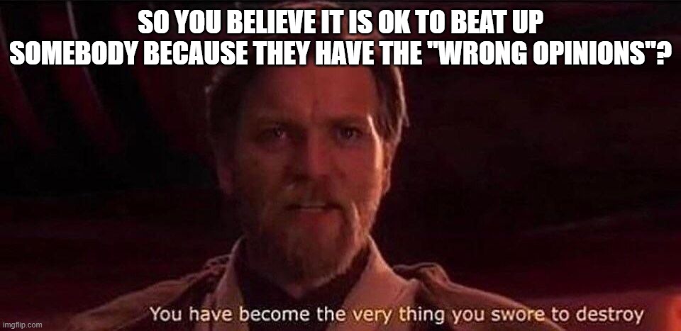You've become the very thing you swore to destroy | SO YOU BELIEVE IT IS OK TO BEAT UP SOMEBODY BECAUSE THEY HAVE THE "WRONG OPINIONS"? | image tagged in you've become the very thing you swore to destroy | made w/ Imgflip meme maker