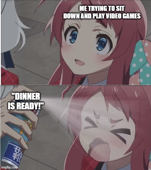 Dinner and gaming |  ME TRYING TO SIT DOWN AND PLAY VIDEO GAMES; "DINNER IS READY!" | image tagged in zombieland saga spray meme full | made w/ Imgflip meme maker
