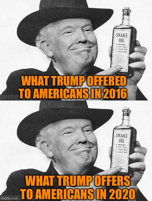 Some things never change | WHAT TRUMP OFFERED TO AMERICANS IN 2016; WHAT TRUMP OFFERS TO AMERICANS IN 2020 | image tagged in donald trump,2020 elections,republicans,losers,crazy | made w/ Imgflip meme maker