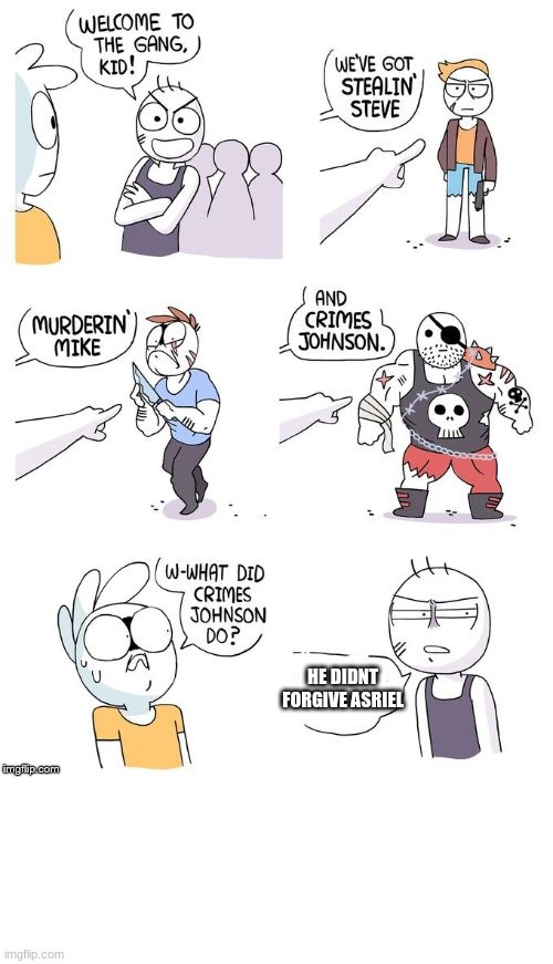 HE DIDNT FORGIVE ASRIEL | image tagged in blank white template,crimes johnson | made w/ Imgflip meme maker