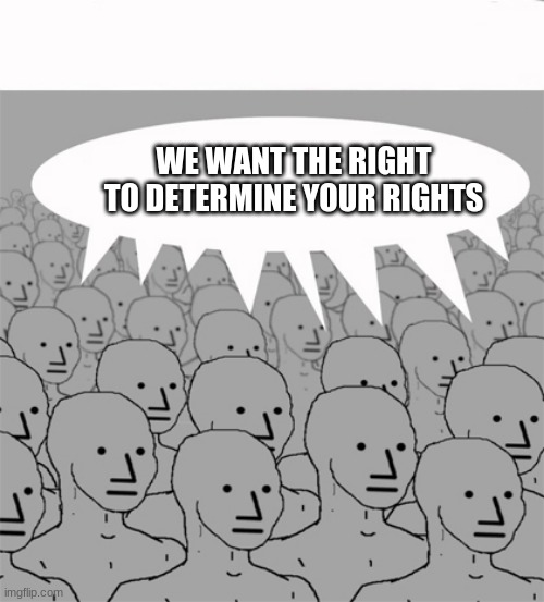 We need a document that lets us all know what are rights are | WE WANT THE RIGHT TO DETERMINE YOUR RIGHTS | image tagged in npcprogramscreed,bill of rights,stop being a drone,be the same only different,thinking is for adults,emotional thinkers are weak | made w/ Imgflip meme maker