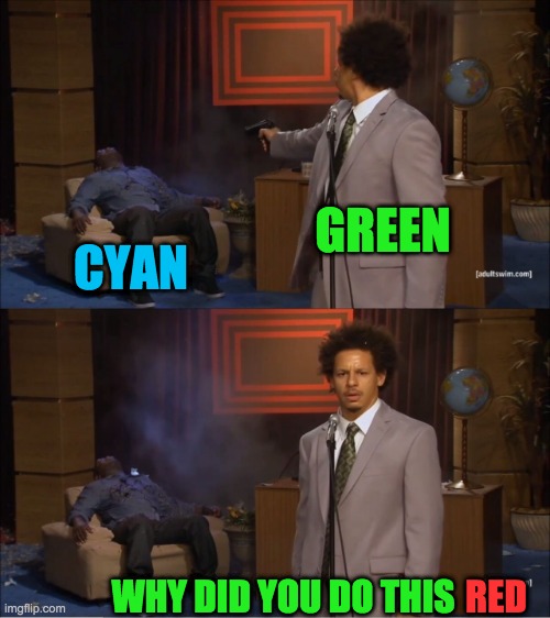 among us been like | GREEN; CYAN; RED; WHY DID YOU DO THIS | image tagged in memes,who killed hannibal | made w/ Imgflip meme maker