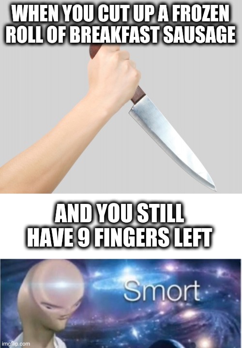 WHEN YOU CUT UP A FROZEN ROLL OF BREAKFAST SAUSAGE; AND YOU STILL HAVE 9 FINGERS LEFT | image tagged in blank white template,meme man smort,memes,optimistic,9 fingers,knife | made w/ Imgflip meme maker
