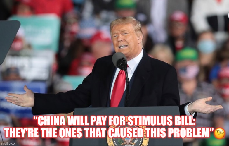 Trump's supporters actually believes everything he says! | “CHINA WILL PAY FOR STIMULUS BILL: THEY'RE THE ONES THAT CAUSED THIS PROBLEM”🧐 | image tagged in donald trump,trump supporters,basket of deplorables,morons,racist,con man | made w/ Imgflip meme maker