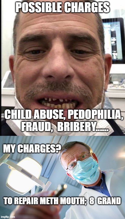 criminal charges | POSSIBLE CHARGES; CHILD ABUSE, PEDOPHILIA,  FRAUD,  BRIBERY...... MY CHARGES? TO REPAIR METH MOUTH;  8  GRAND | image tagged in dental charges | made w/ Imgflip meme maker