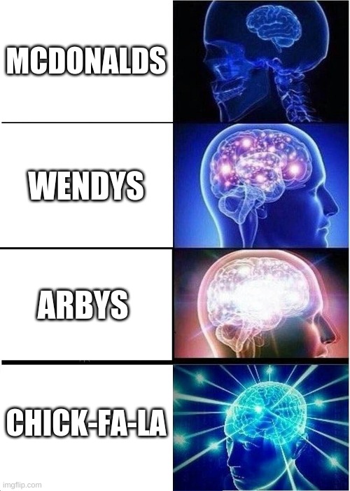 Expanding Brain | MCDONALDS; WENDYS; ARBYS; CHICK-FA-LA | image tagged in memes,expanding brain | made w/ Imgflip meme maker