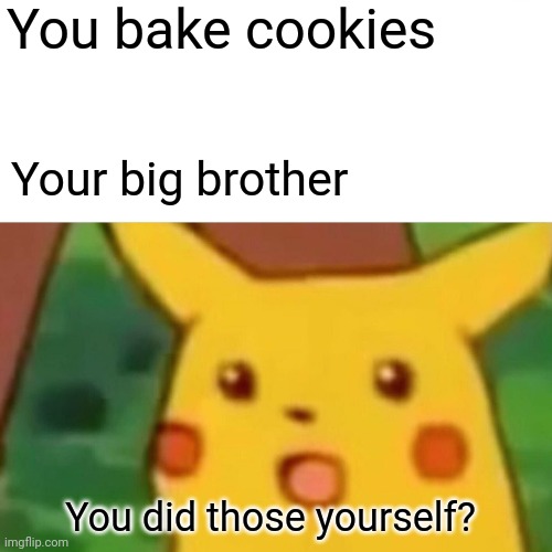 Surprised Pikachu | You bake cookies; Your big brother; You did those yourself? | image tagged in memes,surprised pikachu | made w/ Imgflip meme maker