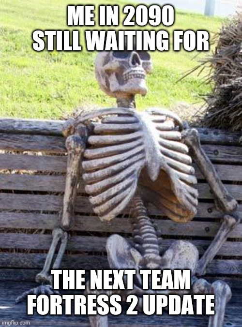 Waiting Skeleton Meme | ME IN 2090 STILL WAITING FOR; THE NEXT TEAM FORTRESS 2 UPDATE | image tagged in memes,waiting skeleton | made w/ Imgflip meme maker