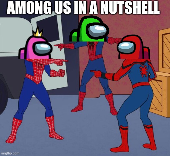 Among us | AMONG US IN A NUTSHELL | image tagged in spider man triple | made w/ Imgflip meme maker